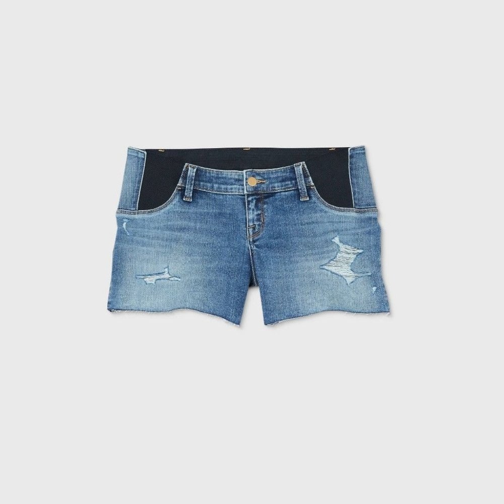 Side Panel Destruction Midi Maternity Jean Shorts - Isabel Maternity by Ingrid &